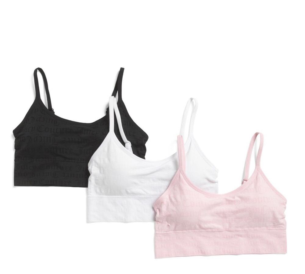 NWT Juicy Couture 3 Pack Seamless Bras Pink Black White 1X Logo Stretchy Ribbed